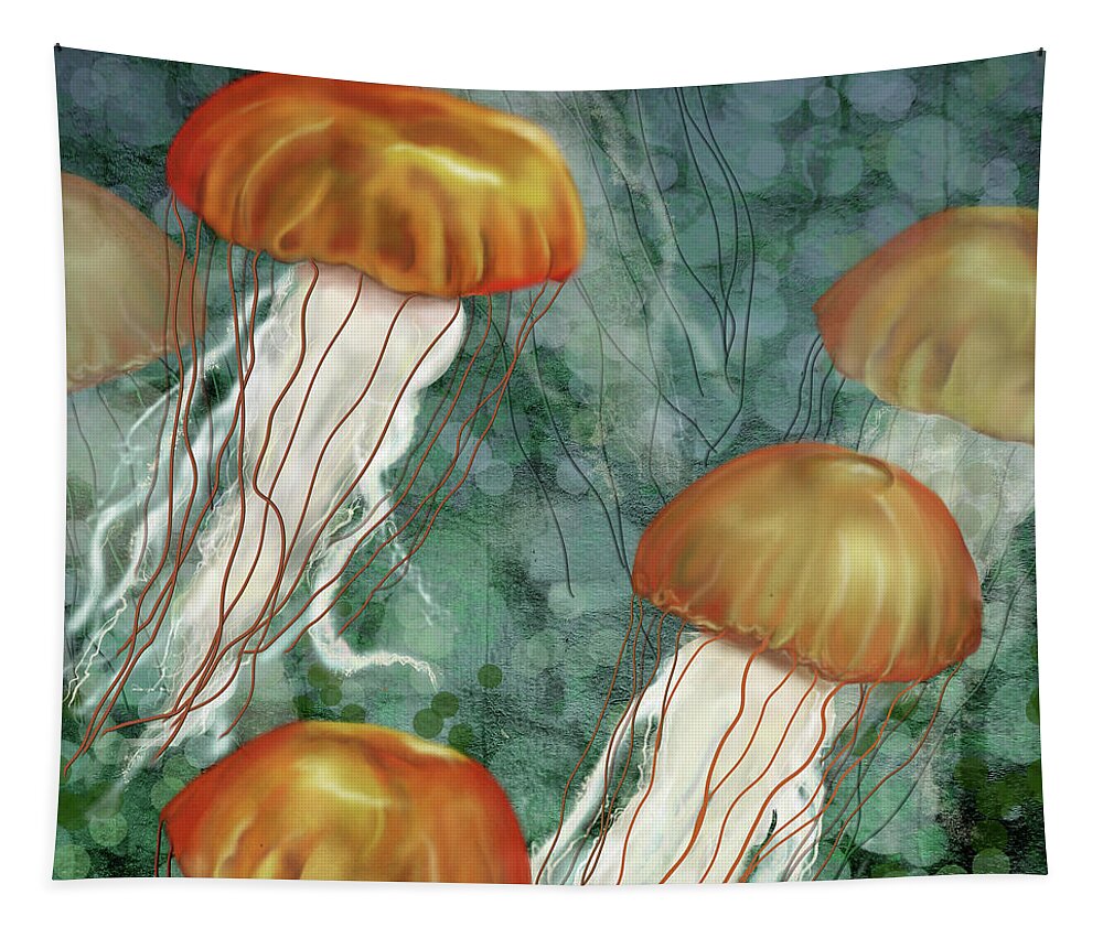 Jellyfish Tapestry featuring the digital art Golden Jellyfish in Green Sea by Sand And Chi
