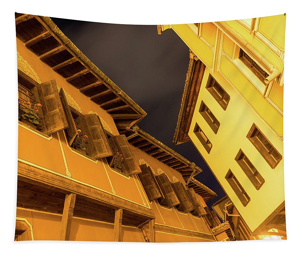 Georgia Mizuleva Tapestry featuring the photograph Golden Yellow Night - Chic Zigzags of Oriel Windows and Serrated Roof Lines by Georgia Mizuleva