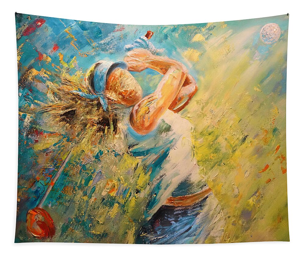 Sports Tapestry featuring the painting Golf Passion by Miki De Goodaboom