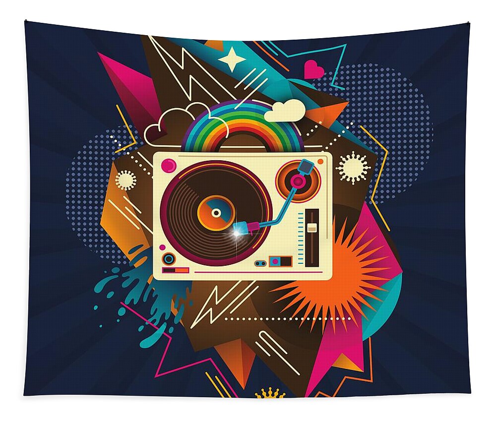 Albums Tapestry featuring the painting Goodtime Party Music Retro Rainbow Turntable Graphic by Little Bunny Sunshine