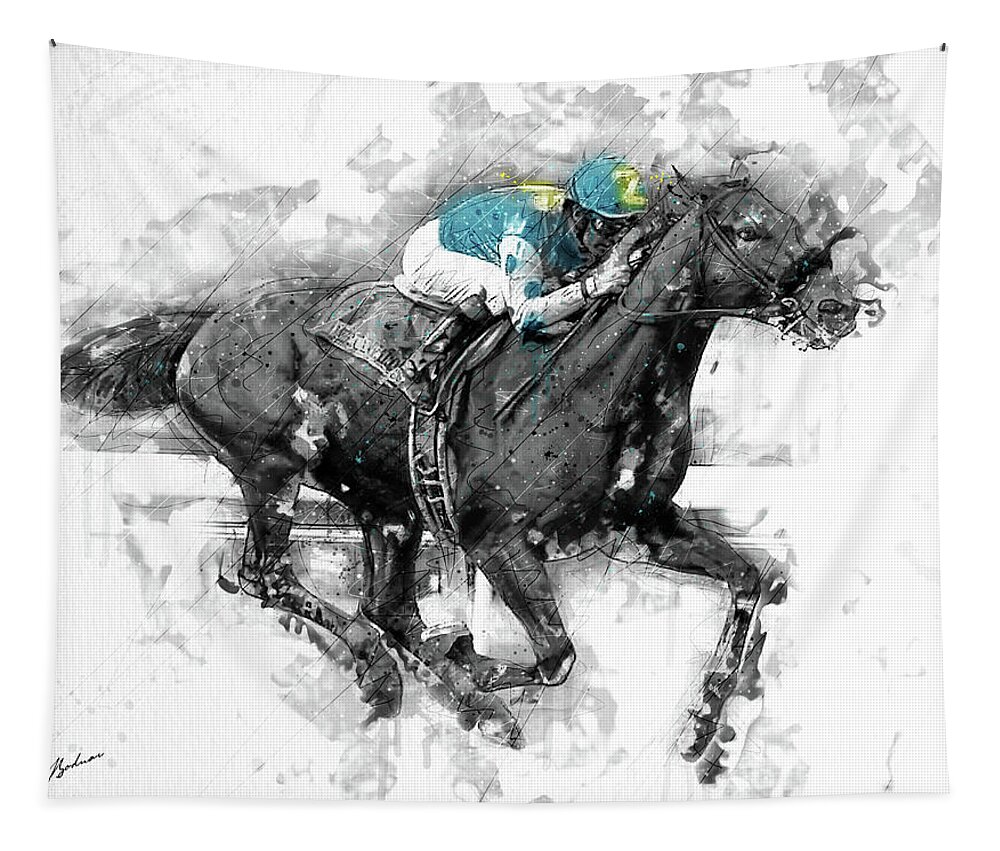 Horse Tapestry featuring the digital art American Pharoah Grand Slam 15 by Gary Bodnar