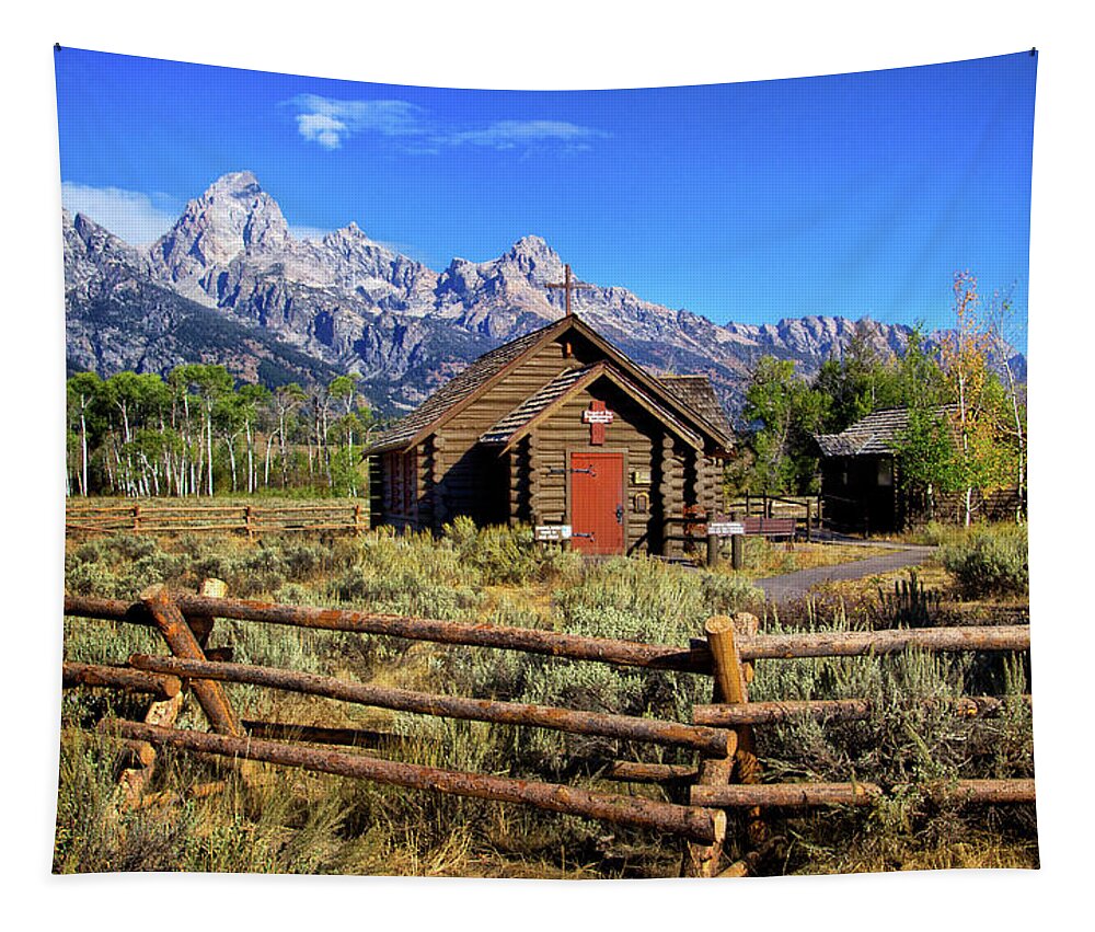 Grand Tetons Chapel Tapestry featuring the photograph Grand Tetons Chapel by Carolyn Derstine