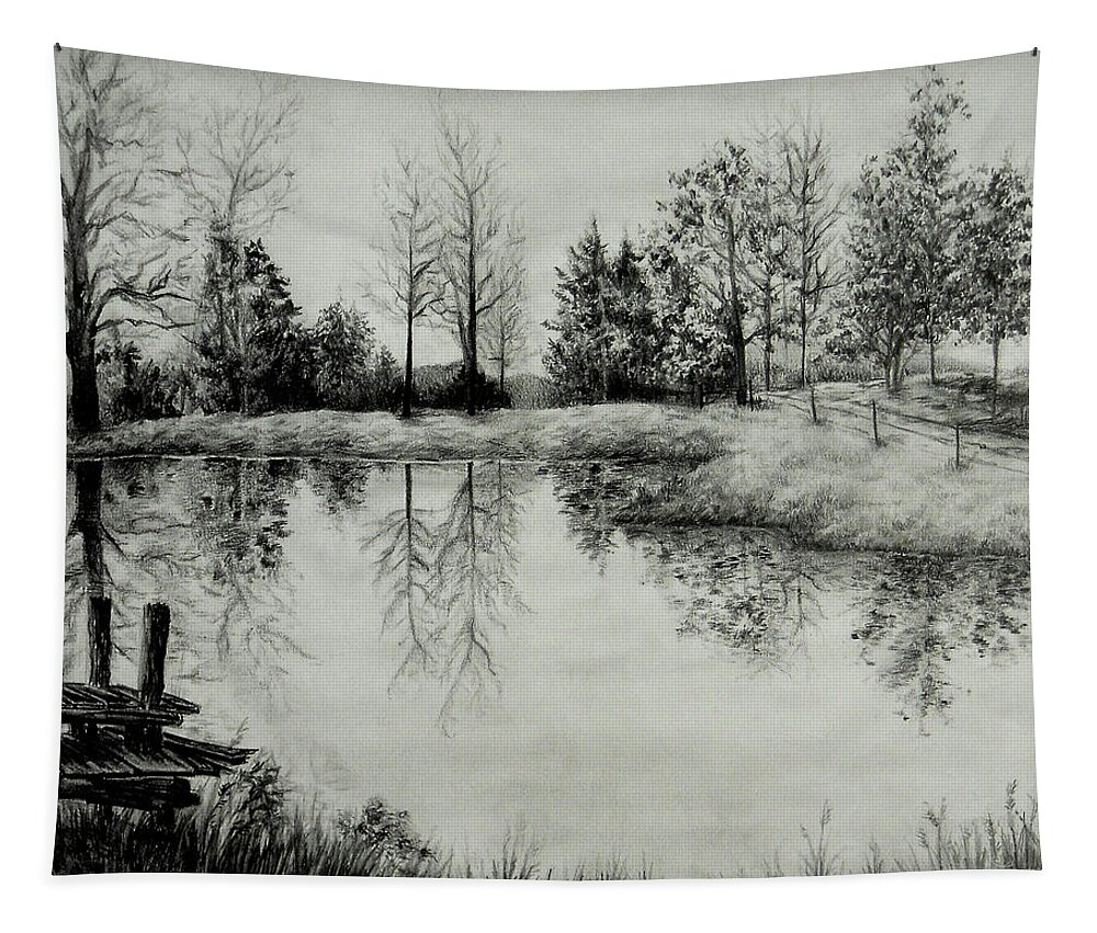 Grandpa Tapestry featuring the drawing Grandpa's Pond by Sipporah Art and Illustration