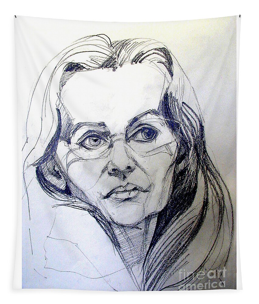  Tapestry featuring the drawing Graphite Portrait Sketch of a Woman with Glasses by Greta Corens