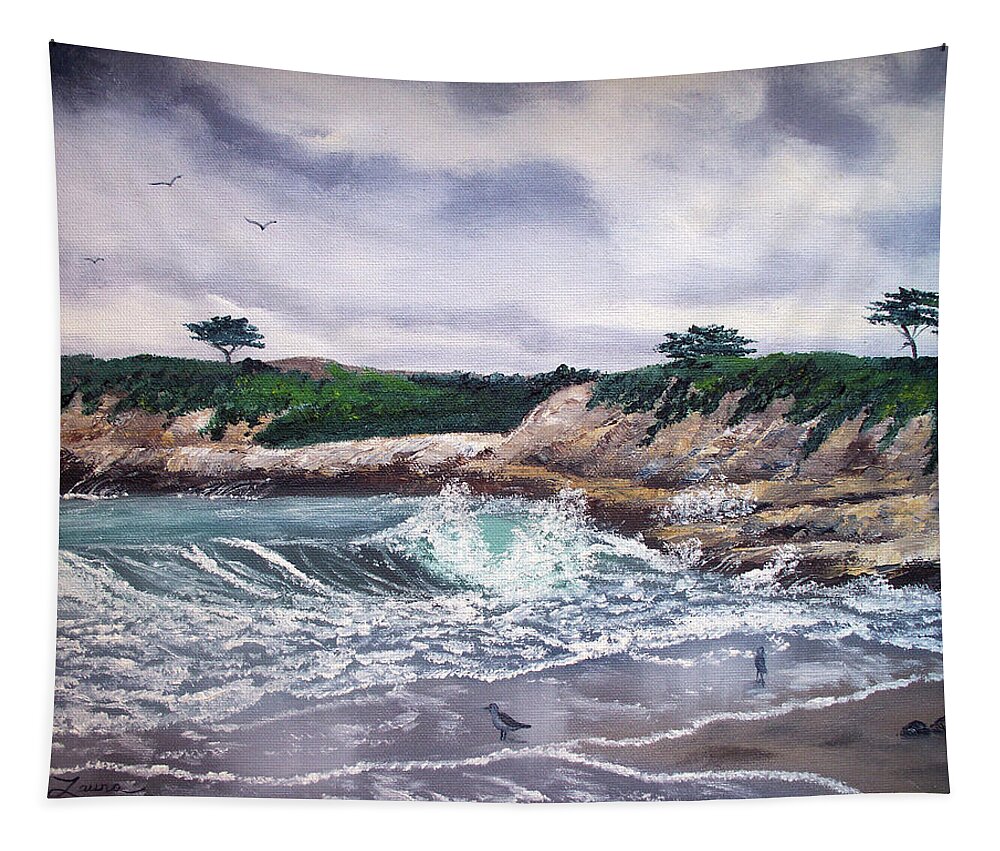 California Tapestry featuring the painting Gray Morning at Santa Cruz by Laura Iverson