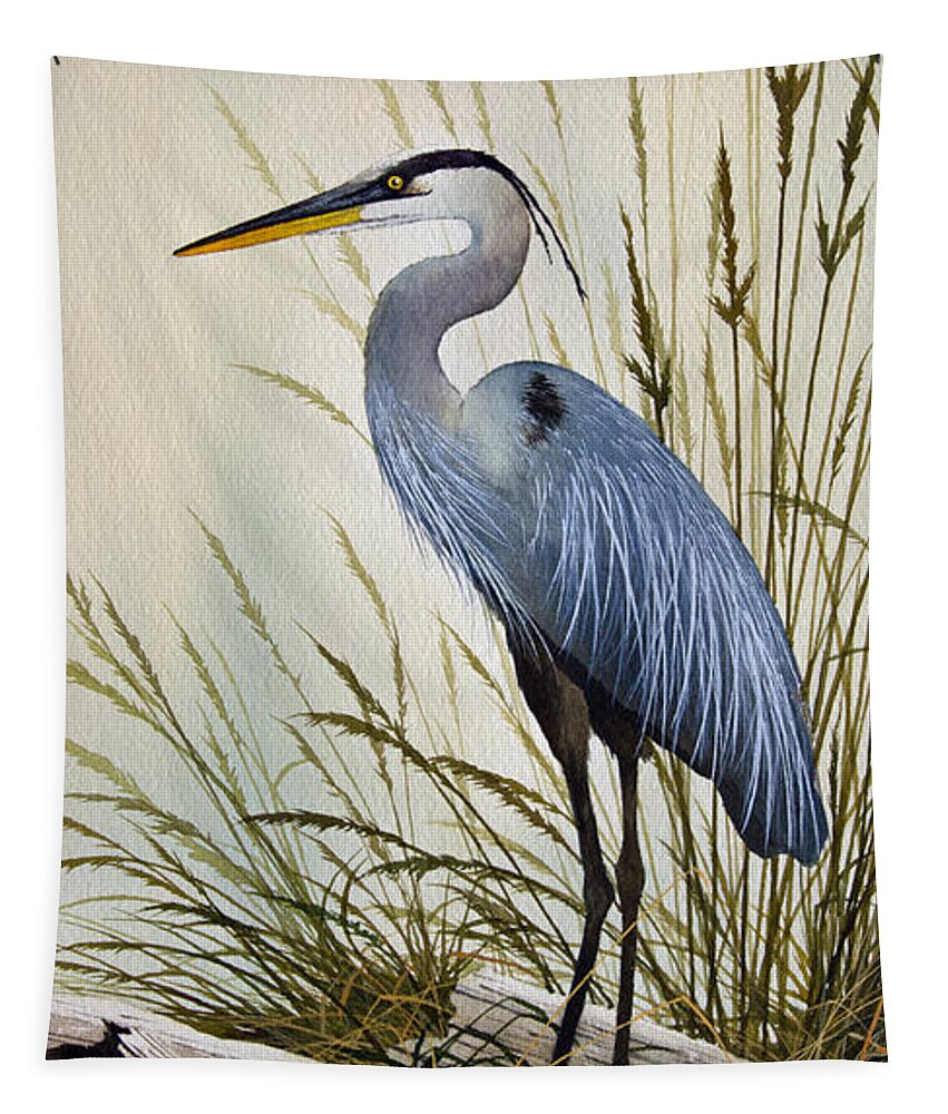 Great Blue Heron. Great Blue Heron Painting Tapestry featuring the painting Great Blue Heron Shore by James Williamson