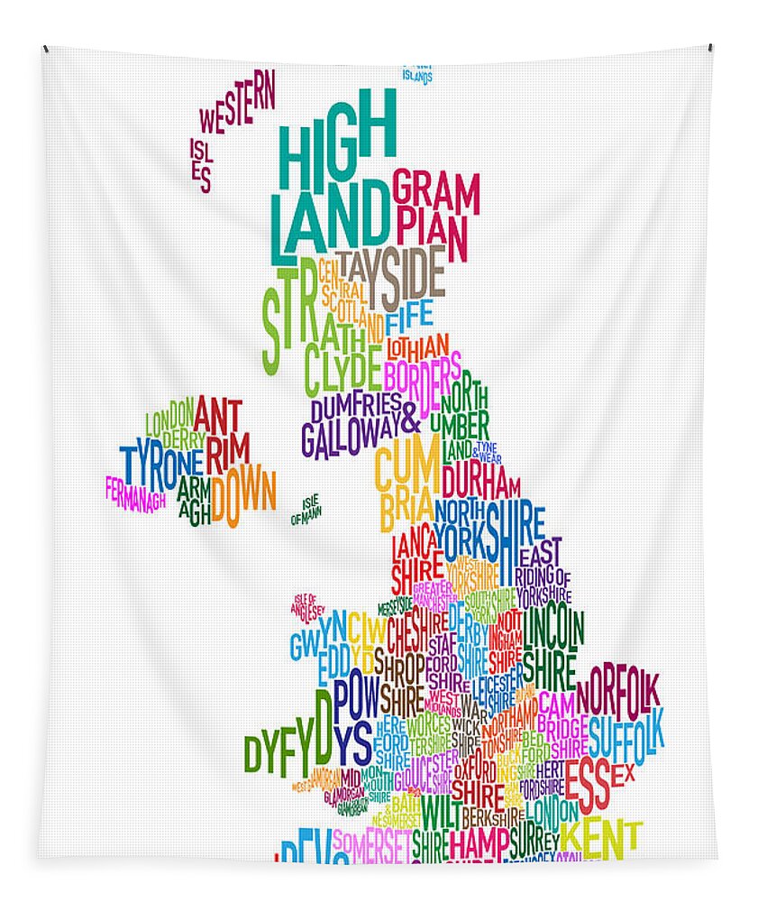 Great Britain Map Tapestry featuring the digital art Great Britain County Text Map by Michael Tompsett