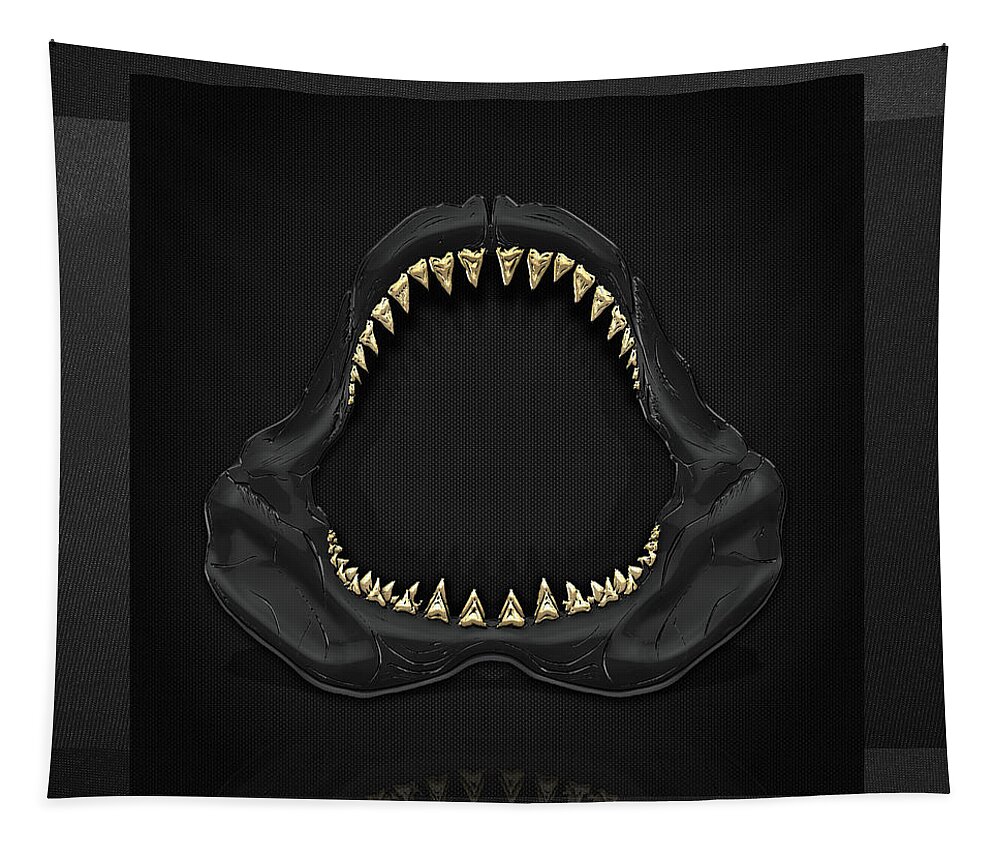�black On Black� Collection By Serge Averbukh Tapestry featuring the photograph Great White Shark Jaws with Gold Teeth by Serge Averbukh