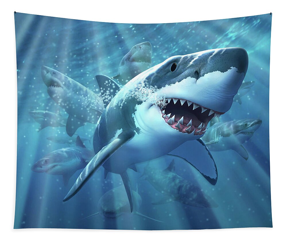 Shark Tapestry featuring the digital art Great White Shark by Jerry LoFaro