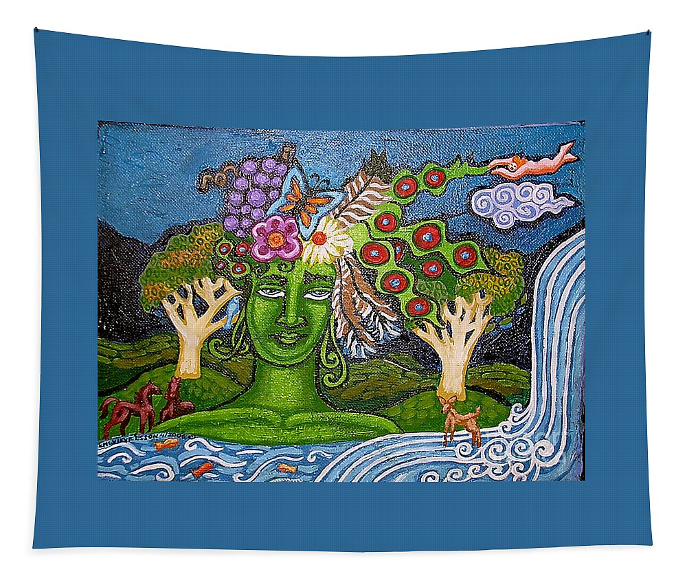 Green Goddess Tapestry featuring the painting Green GoddessWith Waterfall2 by Genevieve Esson