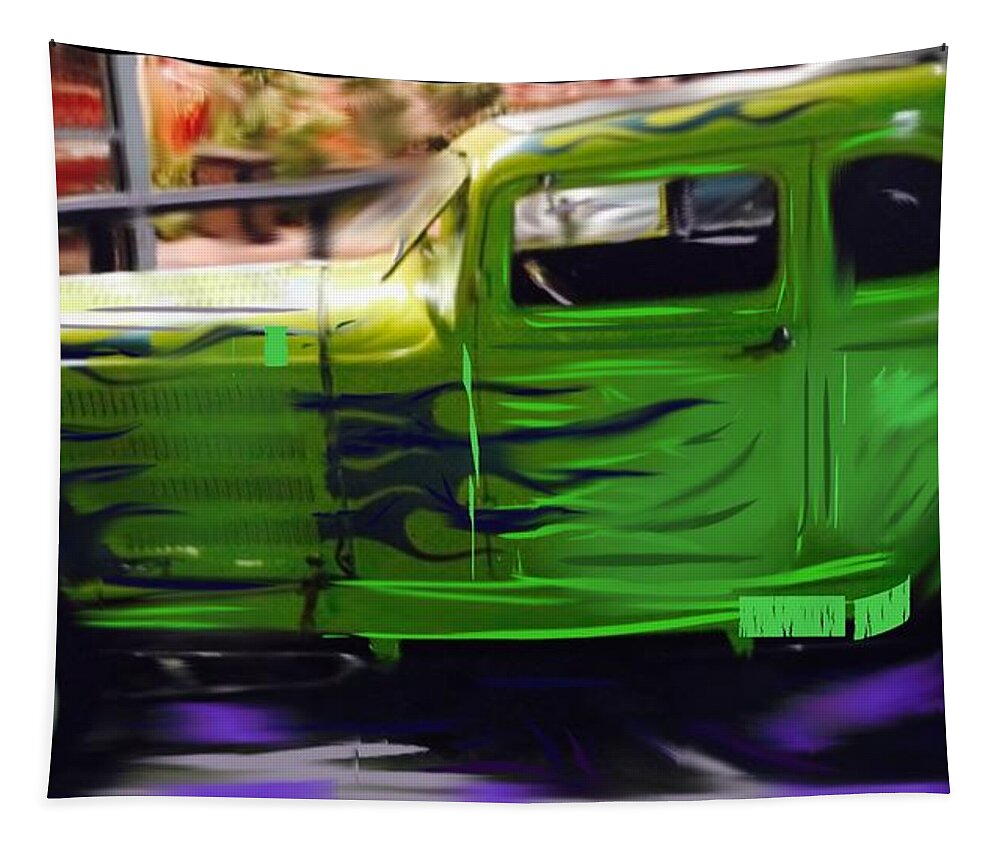 Car Tapestry featuring the digital art Green Hotrod by Angela Weddle
