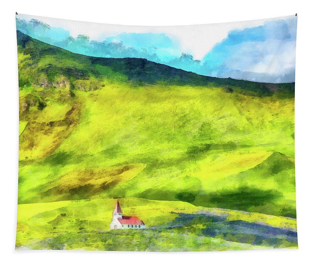 Iceland Tapestry featuring the painting Green Iceland Aquarell Painting Vik Church and green hills by Matthias Hauser
