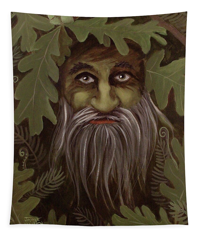 11x14 Tapestry featuring the painting Green Man painting by Jaime Haney