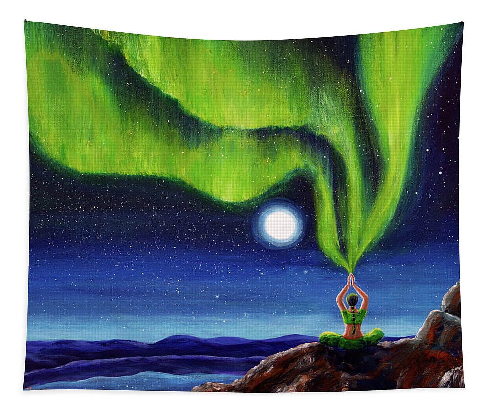 Meditation Tapestry featuring the painting Green Tara Creating the Aurora Borealis by Laura Iverson