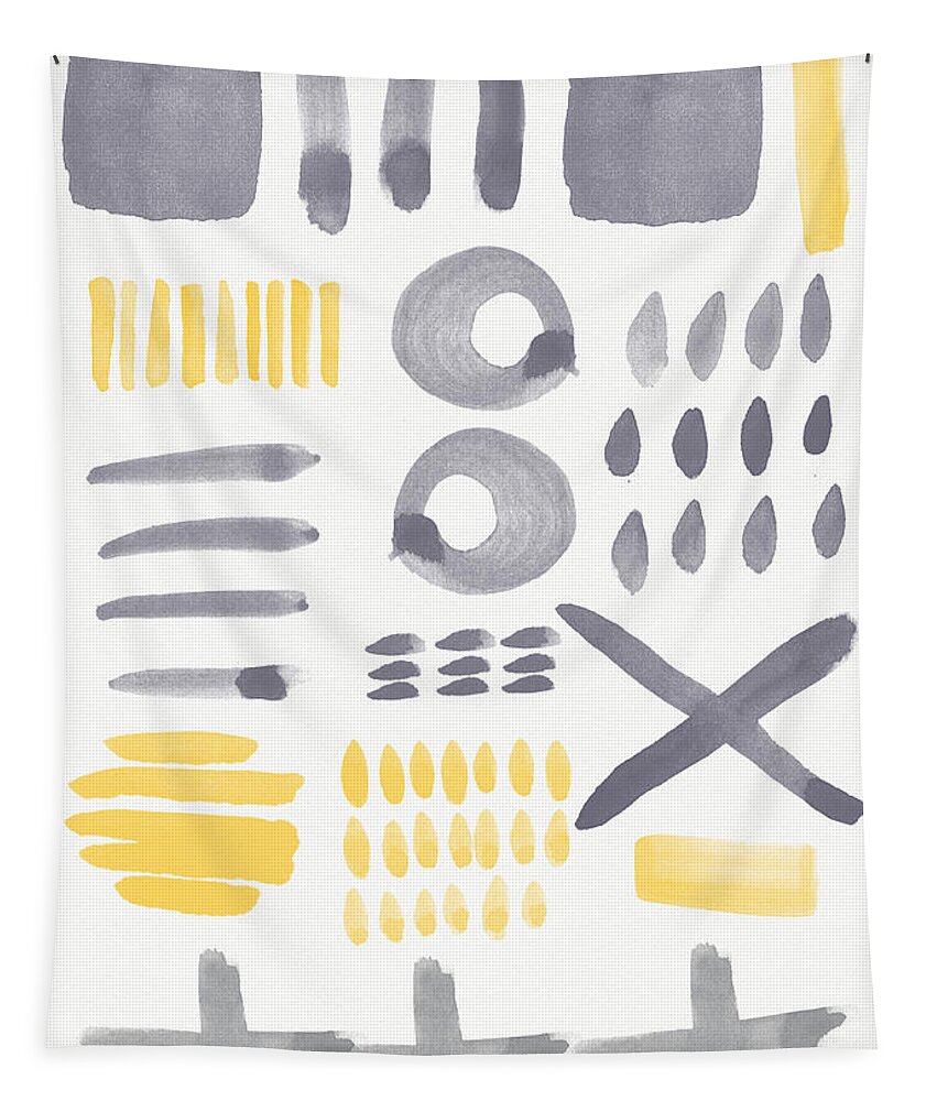 Grey And Yellow Tapestry featuring the painting Grey and Yellow Shapes- abstract painting by Linda Woods