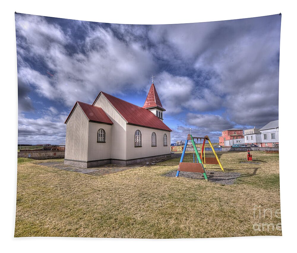 Grindavik Tapestry featuring the photograph Grindavik Church Iceland Enhancer by Jack Torcello