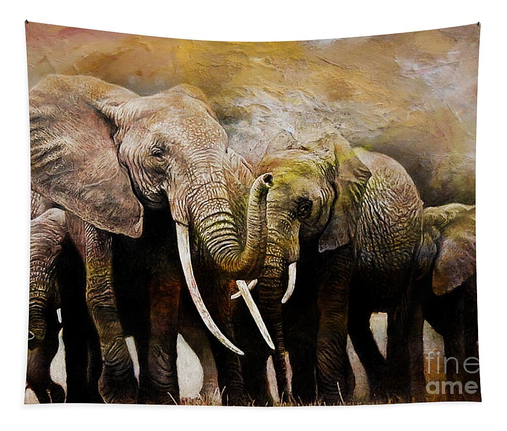 Giraffe Tapestry featuring the painting Group of Elephants 01 by Gull G