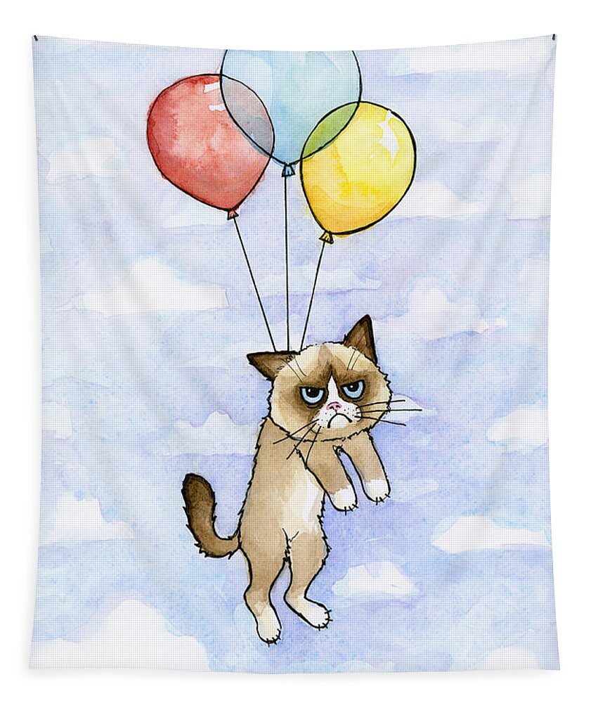 Grumpy Tapestry featuring the painting Grumpy Cat and Balloons by Olga Shvartsur