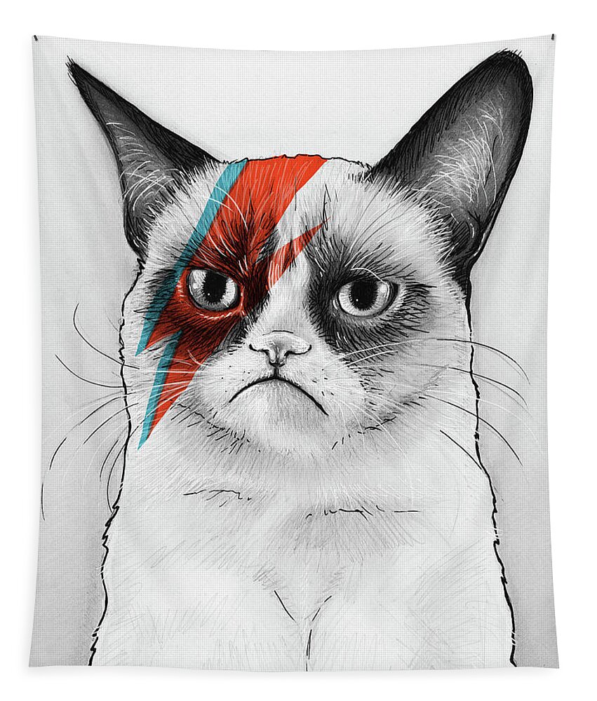 Grumpy Cat Tapestry featuring the drawing Grumpy Cat as David Bowie by Olga Shvartsur