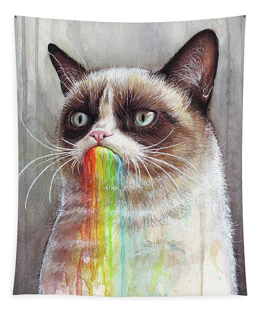 Grumpy Cat Tapestry featuring the painting Grumpy Cat Tastes the Rainbow by Olga Shvartsur