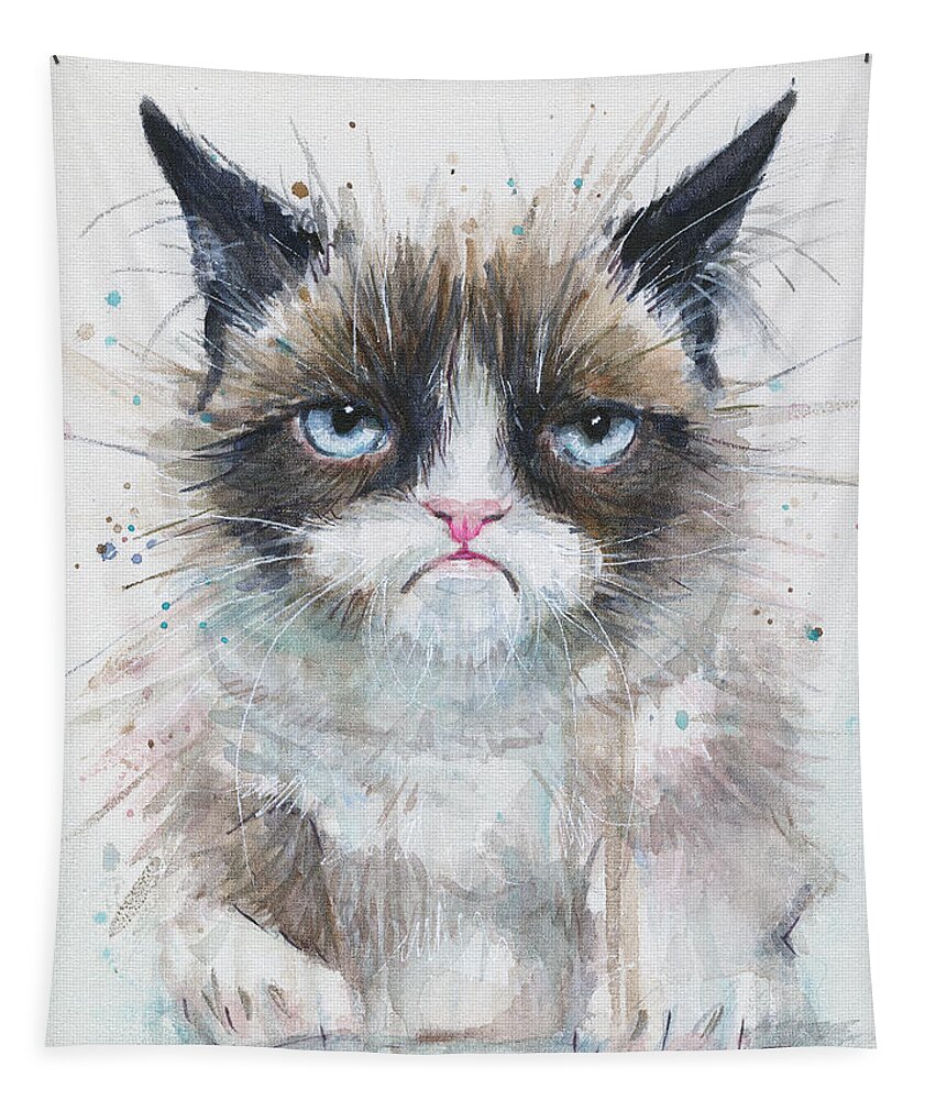 Watercolor Tapestry featuring the painting Grumpy Cat Watercolor Painting by Olga Shvartsur