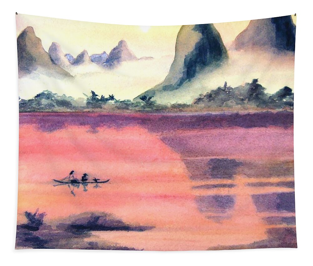 Landscape Tapestry featuring the painting Guilin Dawn by Petra Burgmann