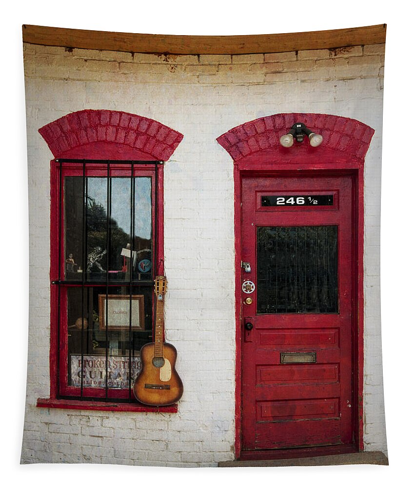 Red Tapestry featuring the photograph Guitar Store in Salida by Peggy Dietz