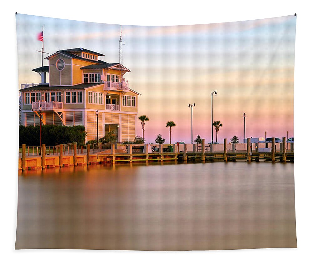 Gulfport Tapestry featuring the photograph Gulfport Harbor Master's Office - Mississippi - Sunset by Jason Politte