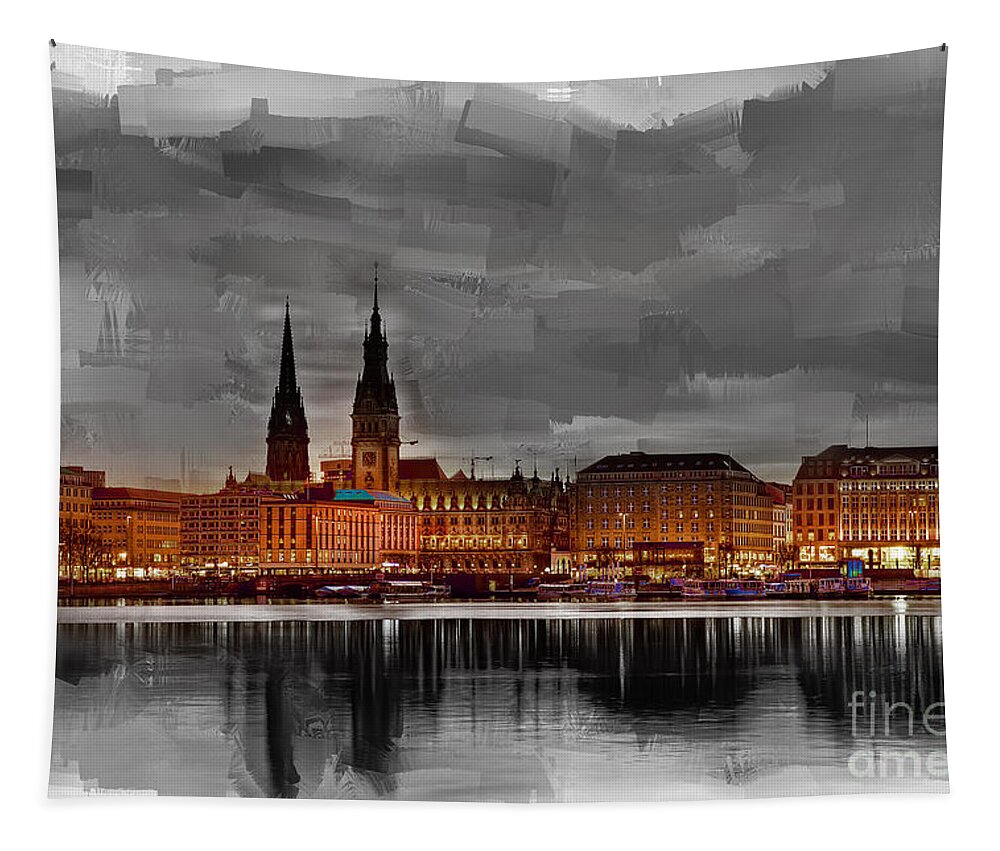 Hamburg Tapestry featuring the painting Hamburg Germany Skyline 01 by Gull G