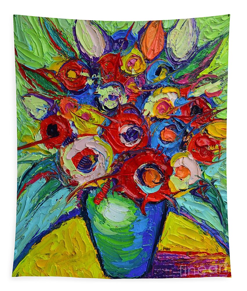 Abstract Tapestry featuring the painting Happy Bouquet Of Poppies And Colorful Wildflowers On Round Yellow Table Impasto Abstract Flowers by Ana Maria Edulescu