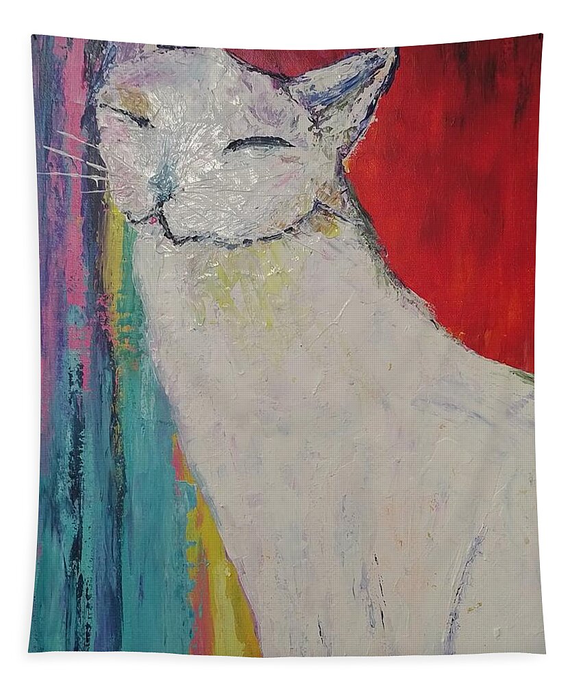 White Cat Tapestry featuring the painting Happy Cat by Lynne McQueen