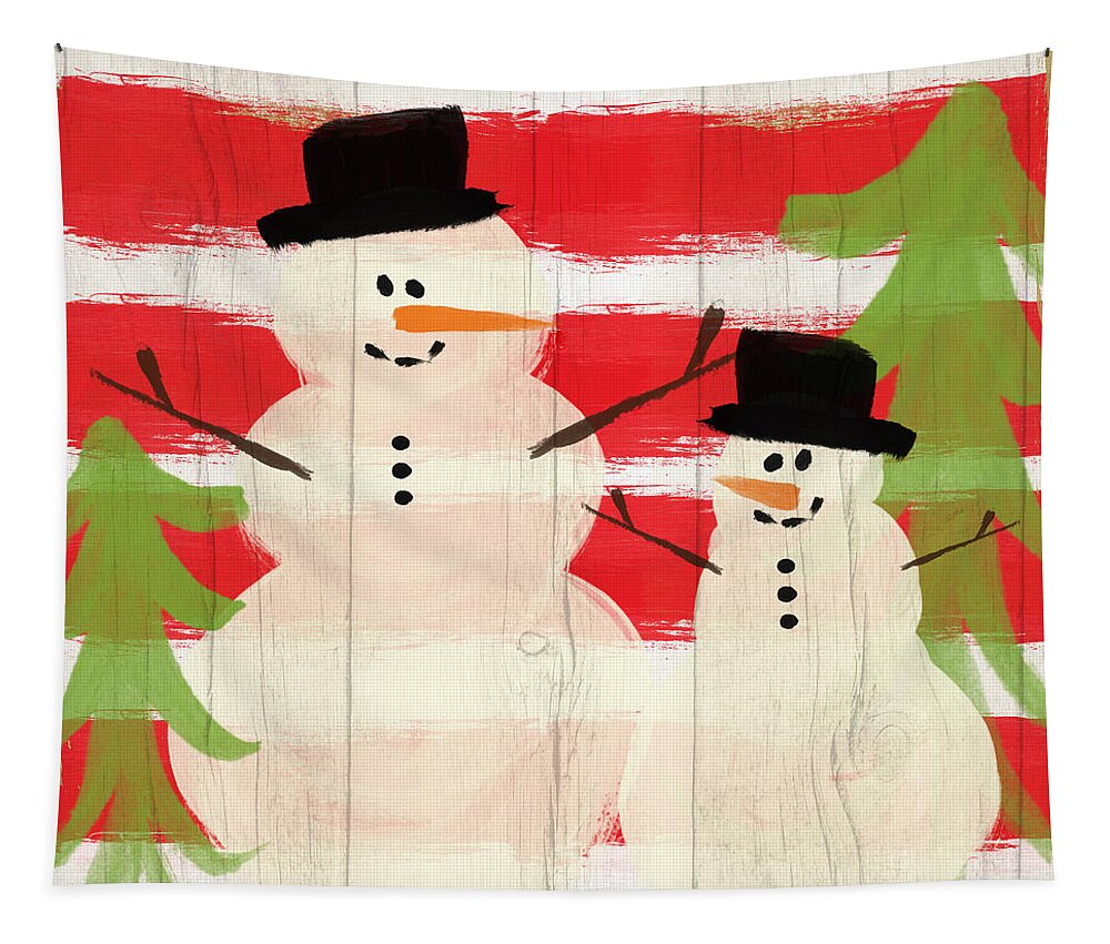 Snowman Tapestry featuring the painting Happy Snowmen- Art by Linda Woods by Linda Woods