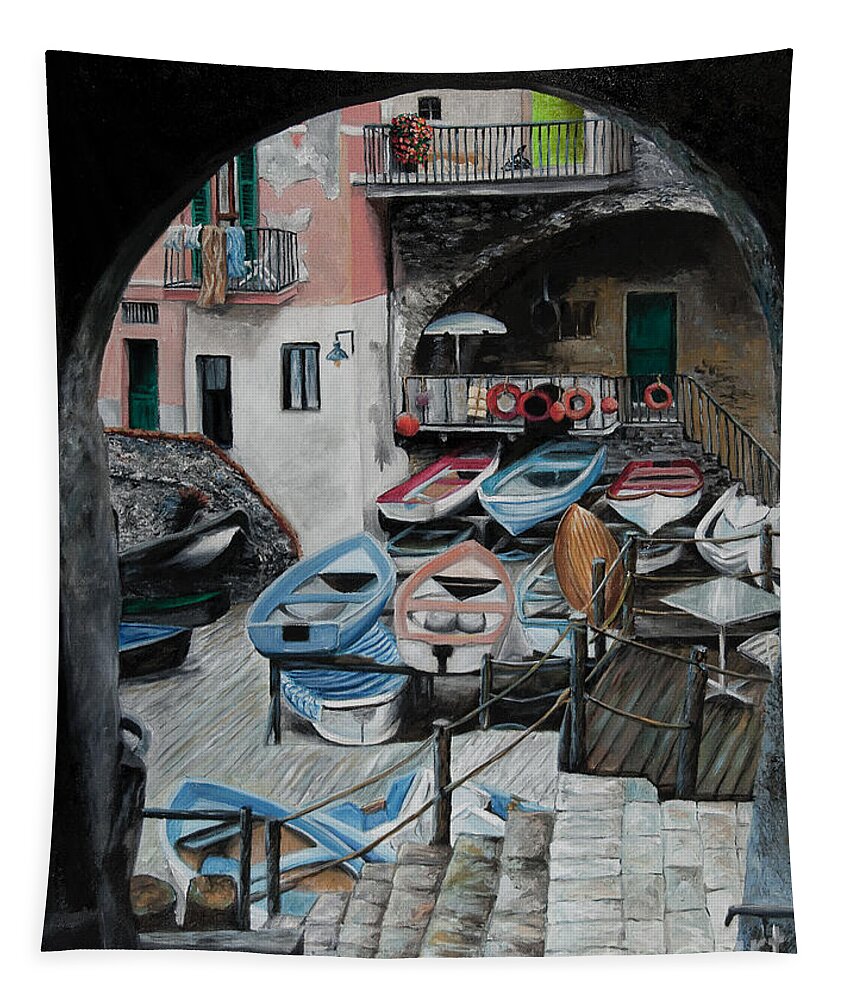 Cinque Terre Tapestry featuring the painting Harbor's Edge In Riomaggiore by Charlotte Blanchard