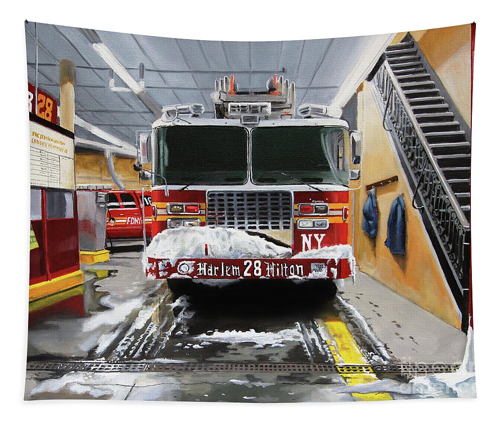 Fdny Tapestry featuring the painting Harlem Hilton Ladder 28 by Paul Walsh