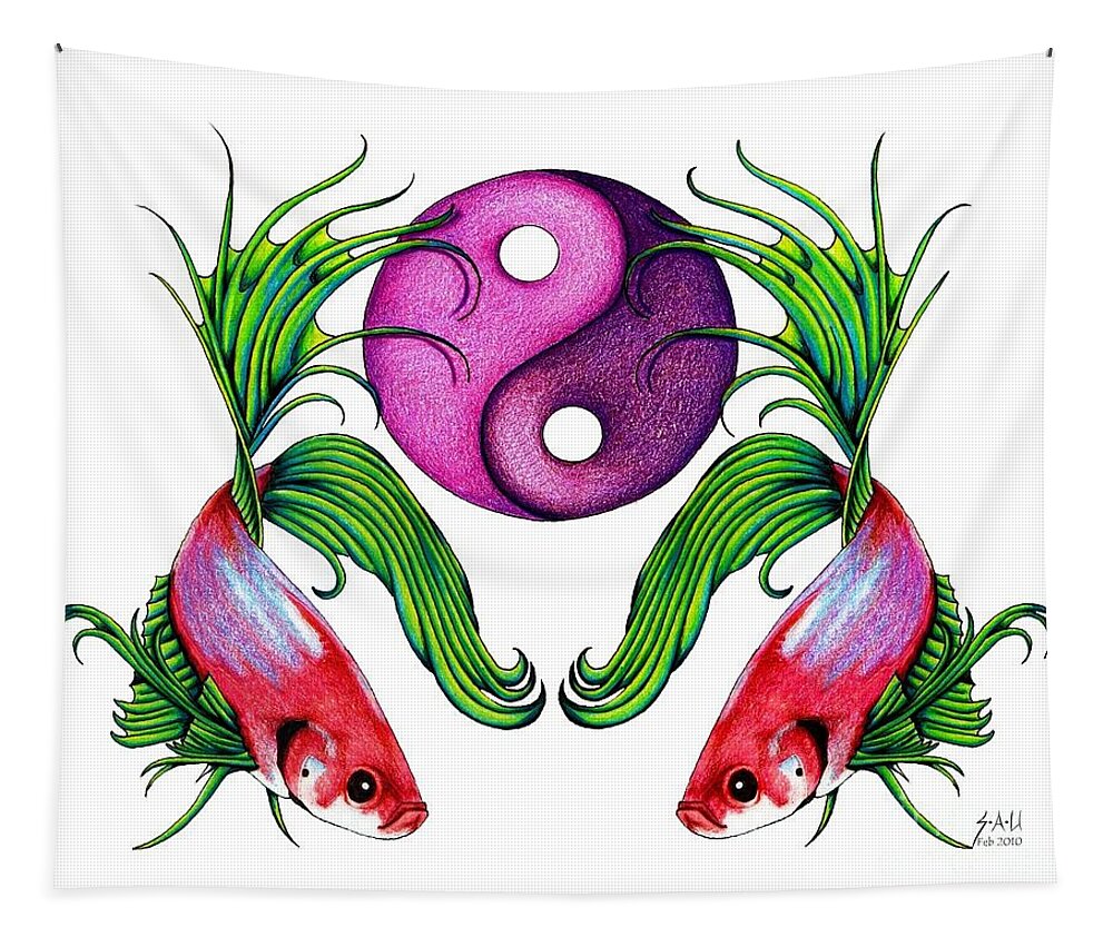 Ying Yang Tapestry featuring the drawing Harmony Together by Sheryl Unwin