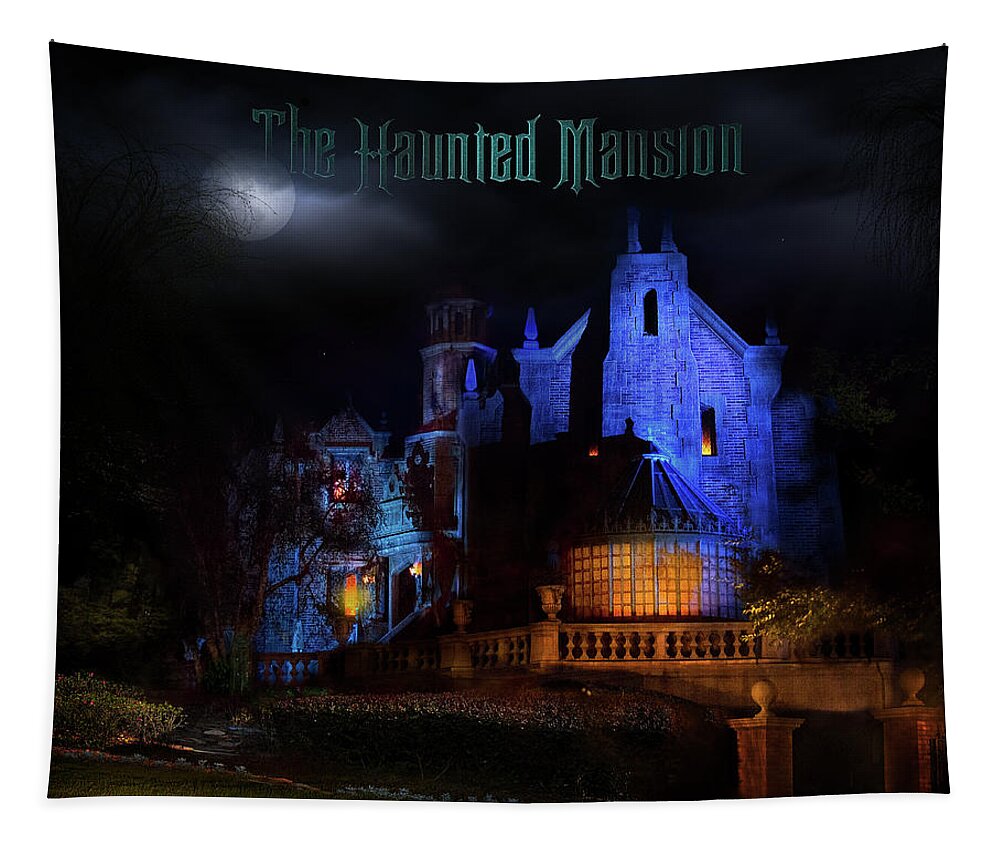 Haunted Mansion Night Tapestry featuring the photograph Haunted Mansion at Walt Disney World Poster Version by Mark Andrew Thomas