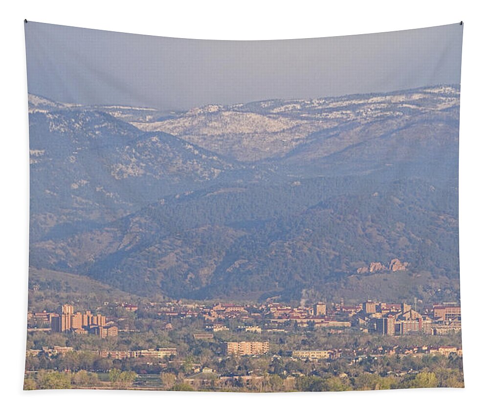 Colorado Tapestry featuring the photograph Hazy Low Cloud Morning Boulder Colorado University Scenic View by James BO Insogna