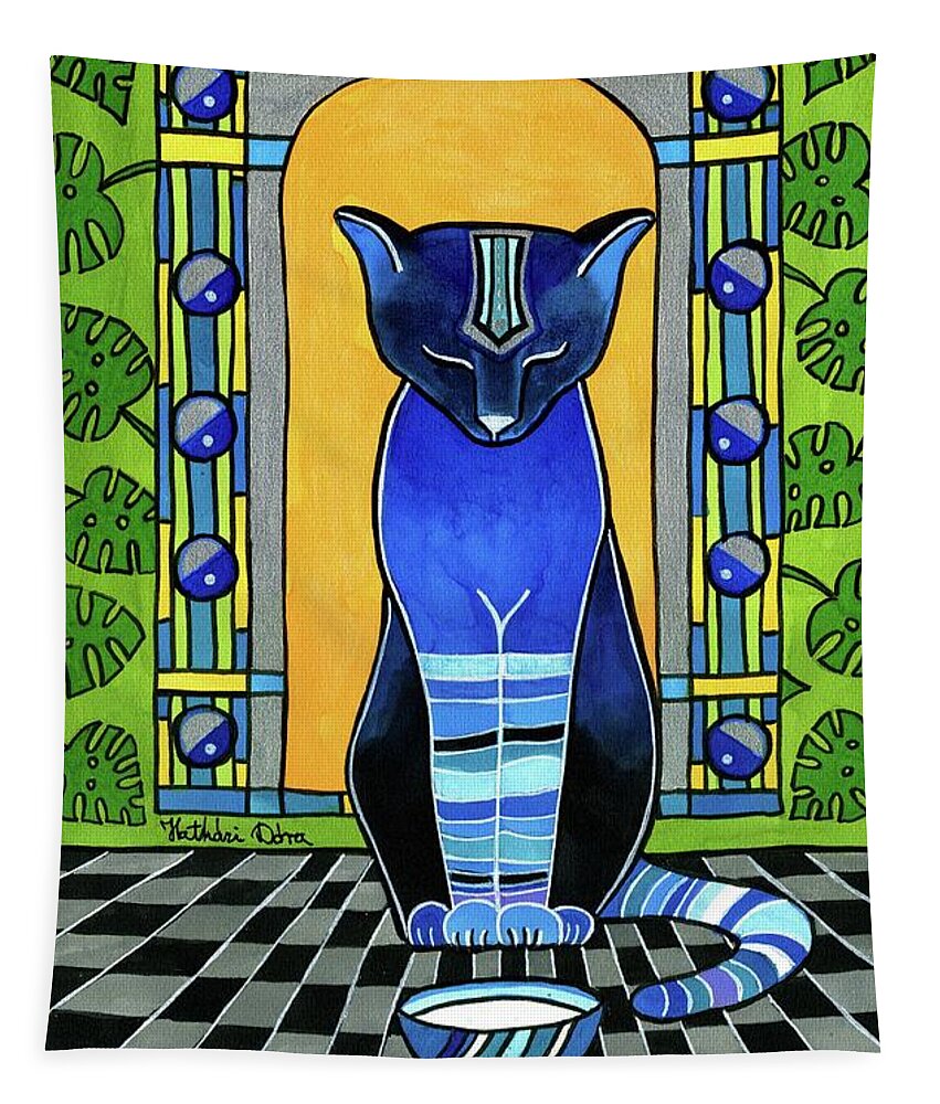 Cats Tapestry featuring the painting He Is Back - Blue Cat Art by Dora Hathazi Mendes