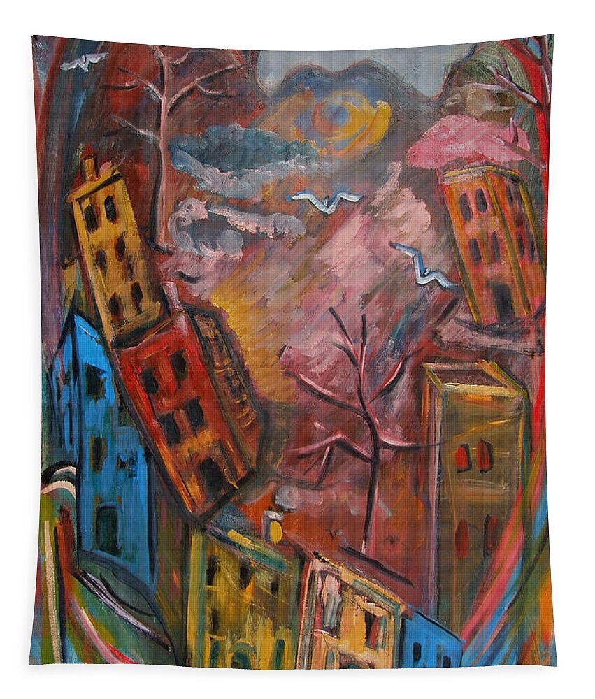 Katt Yanda Original Art Landscape Oil Painting City Scene Skyline Heart Buildings Colorful Tapestry featuring the painting Heart of the City by Katt Yanda