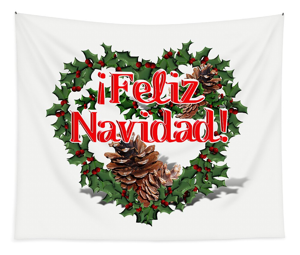 Feliz Navidad Tapestry featuring the digital art Heart Shaped Wreath - Feliz Navidad by Gravityx9 Designs