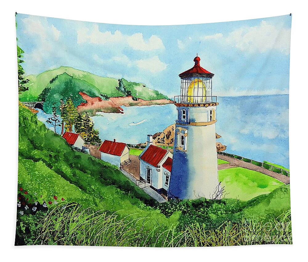 Heceta Tapestry featuring the painting Heceta Head Lighthouse by Tom Riggs