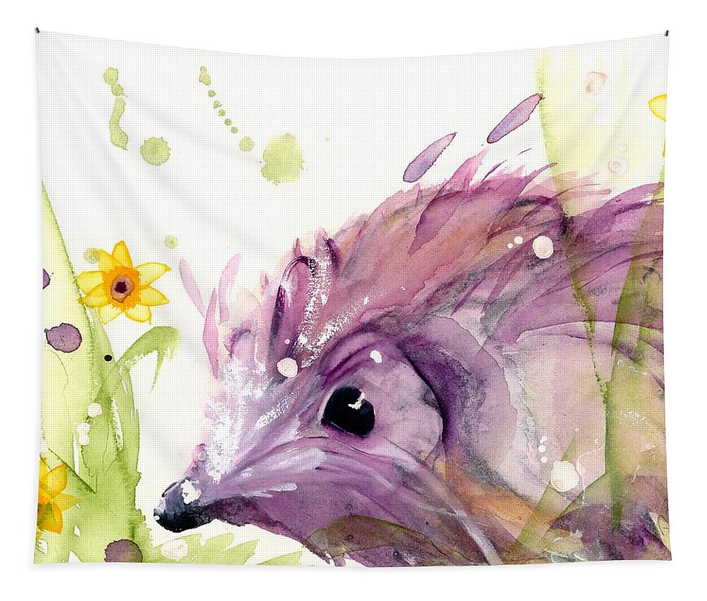 Hedgehog Watercolor Tapestry featuring the painting Hedgehog In The Wildflowers by Dawn Derman