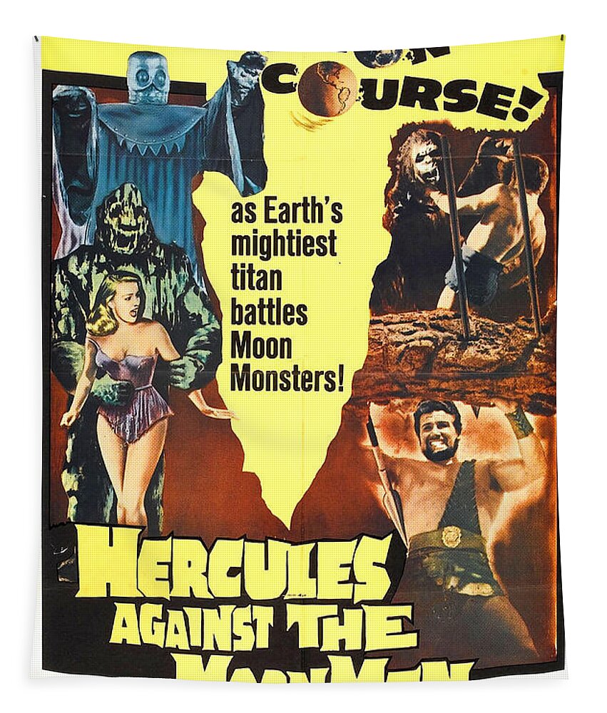 Hercules Against The Moon Men Retro Movie Poster Planets On Collision Course Tapestry featuring the painting Hercules against the moon men retro movie poster Planets on collision course by Vintage Collectables