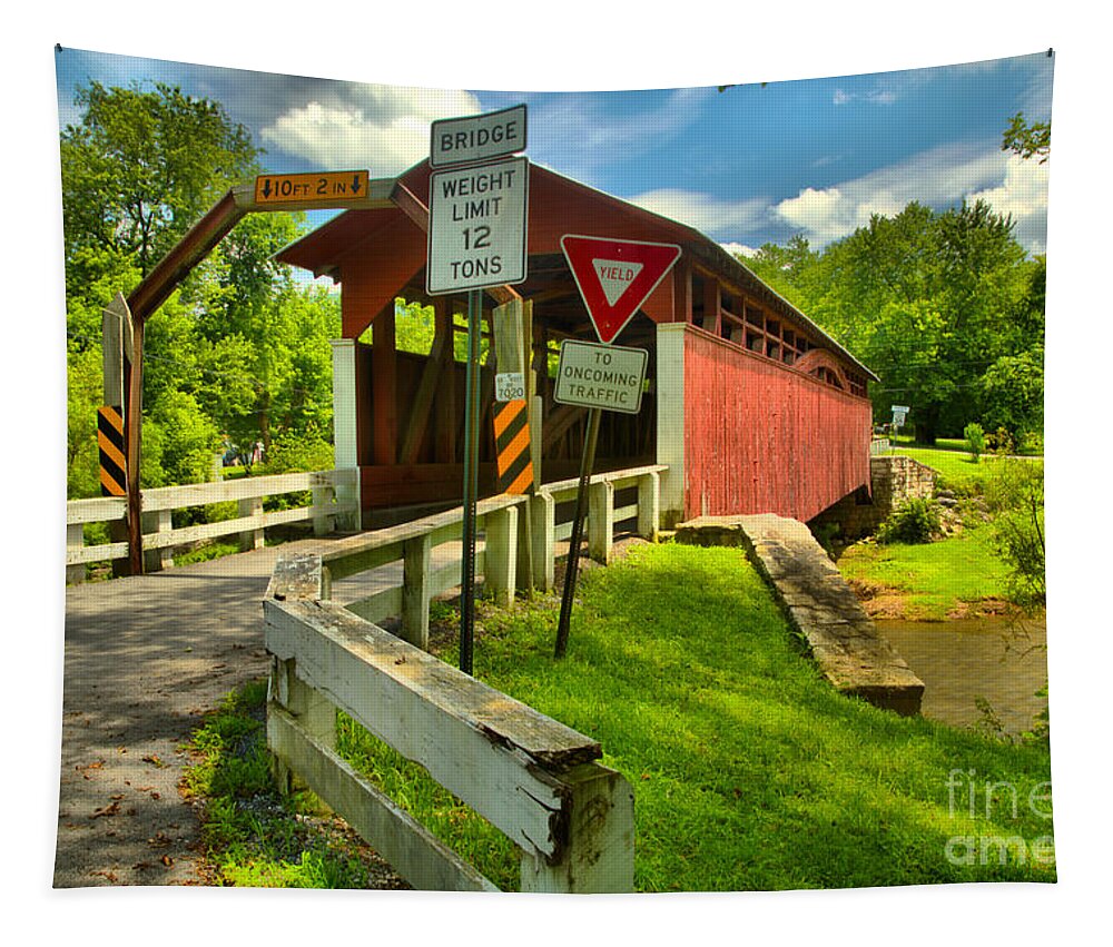 Herline Covered Bridge Tapestry featuring the photograph Herline Covered Bridge by Adam Jewell