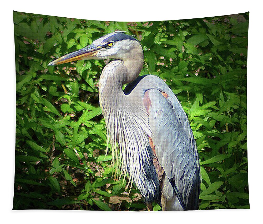 Heron Tapestry featuring the digital art Blue Heron with an Attitude by Kathy Kelly