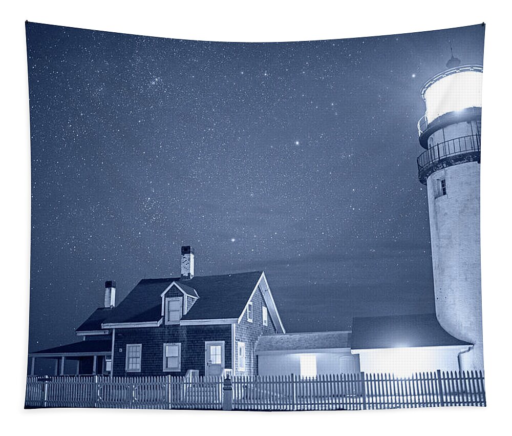 Highland Tapestry featuring the photograph Highland Lighthouse Truro MA Cape Cod monochrome blue nights by Toby McGuire