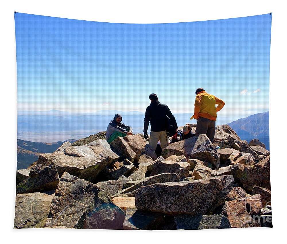 14000 Foot Peak Tapestry featuring the photograph Hikers at Summit on Mount Yale Colorado by Steven Krull
