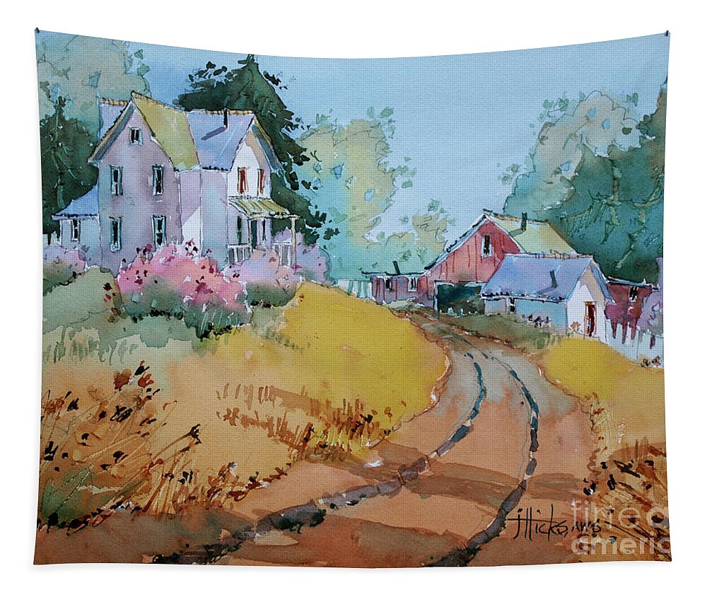 Homestead Tapestry featuring the painting Hilltop Homestead by Joyce Hicks