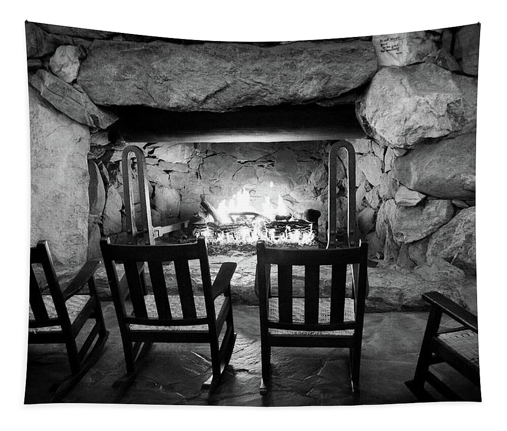 Grove Park Inn Tapestry featuring the photograph WINTER WARMTH in BLACK and WHITE by Karen Wiles