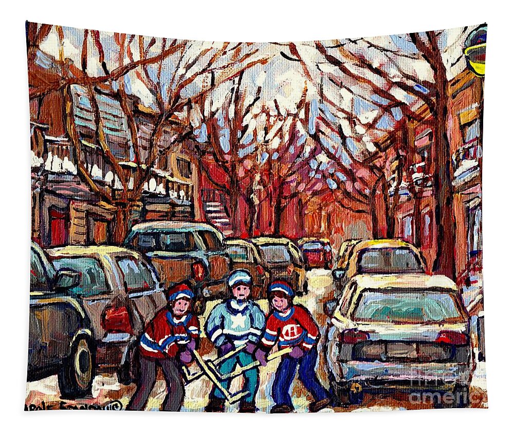 Montreal Tapestry featuring the painting Hockey Art Winter Scene Painting After The Snow Streets Of Pointe St Charles Art Carole Spandau by Carole Spandau